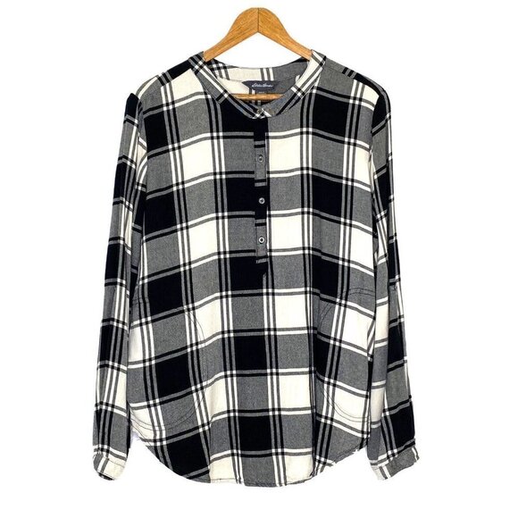 Eddie Bauer Tunic Top Womens size Medium Pullover L/S Pockets Black White Plaid - Picture 1 of 11